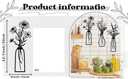 3 Pieces Metal Flowers Wall Arts - Rustic Farmhouse Decor Black Minimalist Flower Wall Decors for Living room Bathroom Bedroom Dining Room - Housewarming Gifts(Black, Vase-C)