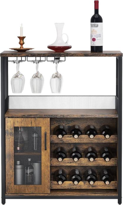 3-Tier Wine Bar Cabinet with Detachable Wine Rack and Storage Space, Buffet Cabinet with Glass Holder and Mesh Door, for Kitchen, Living Room and Bar .Rustic Brown.