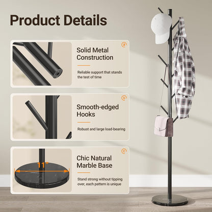 Coat Rack Freestanding with Natural Marble Base, Metal Coat Rack Stand with 10 Hooks, 3 Adjustable Size Coat Tree for Bags, Clothes, and Hats for Entryway, Bedroom, Hallway, Office, Black