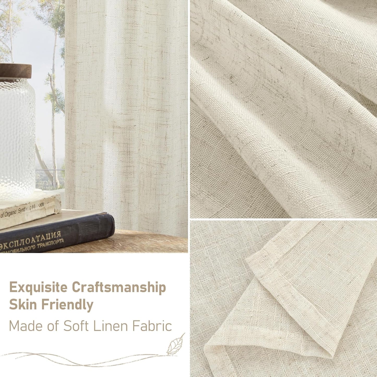 Natural Ivory Linen Semi Sheer Curtains 84 inch Length, Cream Light Filtering Soft Thick Neutral Living Room Drapes with Bronze Grommet for Bedroom/Farmhouse, 2 Panels, 52 x 84 Inch