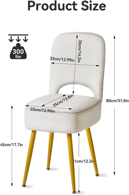 Small Storage Vanity Stool with Folding Backrest, 12.99" x 13.78" x 31.5" Square Teddy Velvet Ottoman, Makeup Chair for Living Room, 4 Metal Legs with Anti-Slip Feet, White WBD027W
