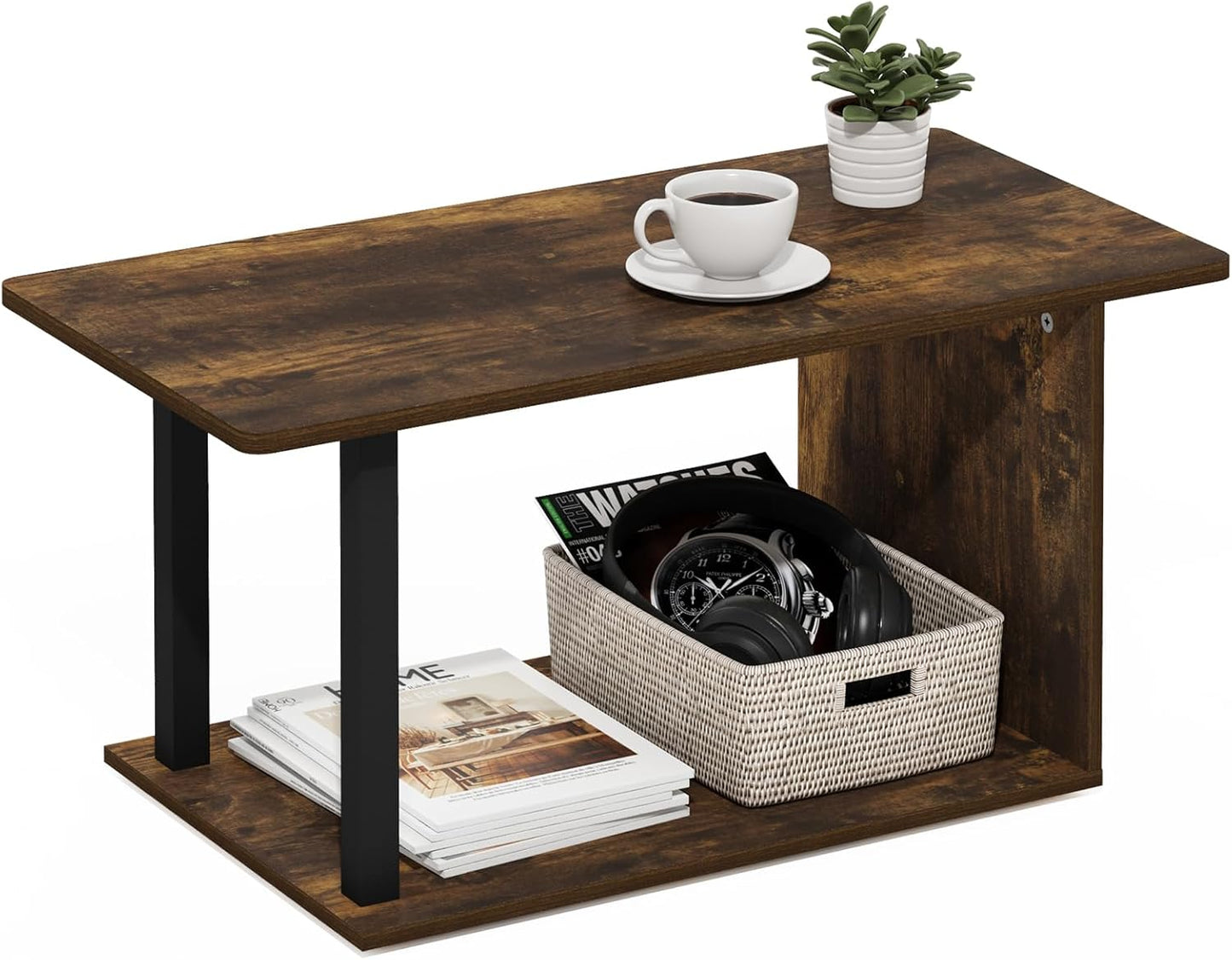 Furinno Basic Coffee Table, 2-Tier Modern Coffee Table with Open Shelf, Easy Assembly Side Table, for Living Room, Bedroom, Home Office, Amber Oak