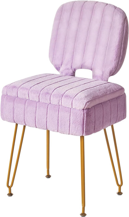 Small Storage Vanity Stool with Folding Backrest, 12.99" x 13.78" x 31.5" Square Teddy Velvet Ottoman, Makeup Chair for Living Room, 4 Metal Legs with Anti-Slip Feet, White WBD027W