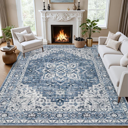 5x7 Area Rugs Living Room Rug: Washable Vintage Boho Rug No Slip Stain Resistant Soft Carpet Indoor Floor Floral Large Carpets for Bedroom Dining Room Farmhouse Nursery Hallway Home Office Beige