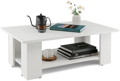 Giantex Rectangle Wood Center Table, 41" L 2-Tier Small Modern Tea Table w/Open Compartment, Easy Assembly, Accent Coffee Table for Living Room, Reception Room, White