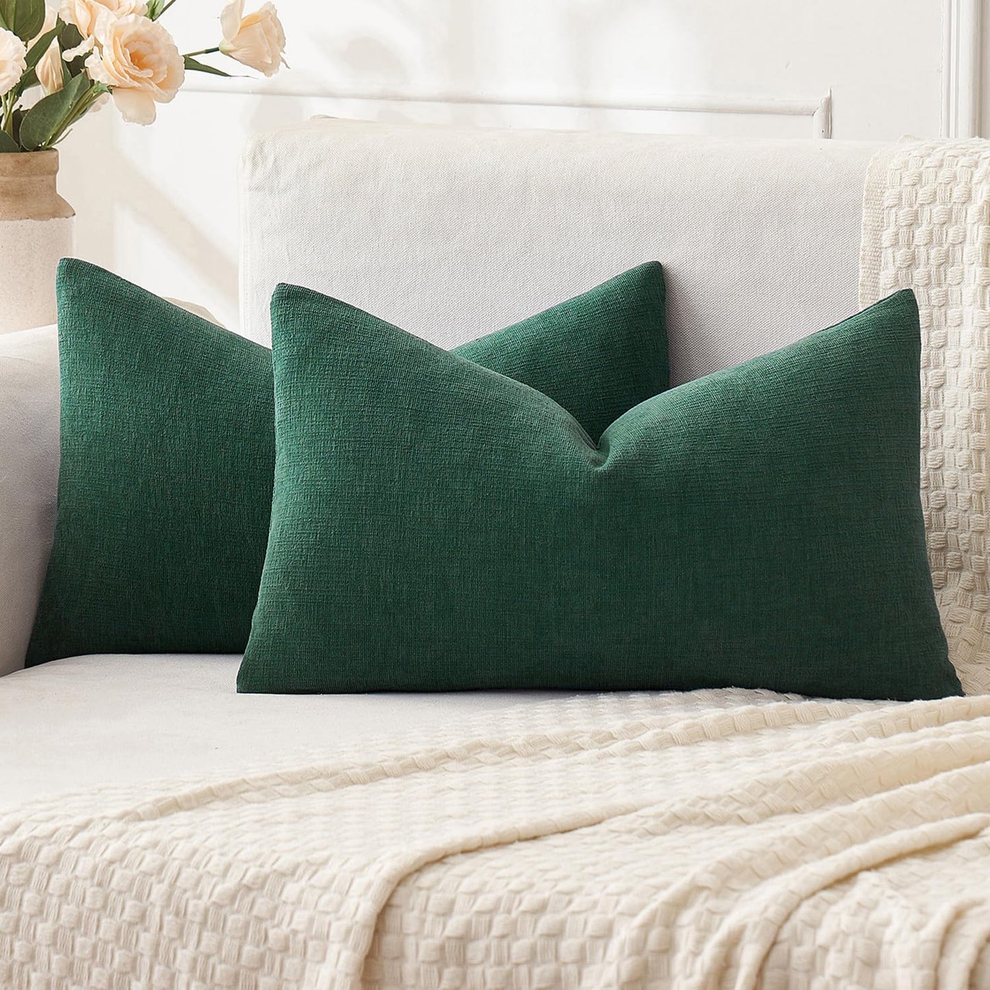 Olive Green Couch Pillow Covers 18x18 Inch, Set of 2 Soft Chenille Decorative Square Throw Pillow Covers Farmhouse for Sofa Living Room Bed