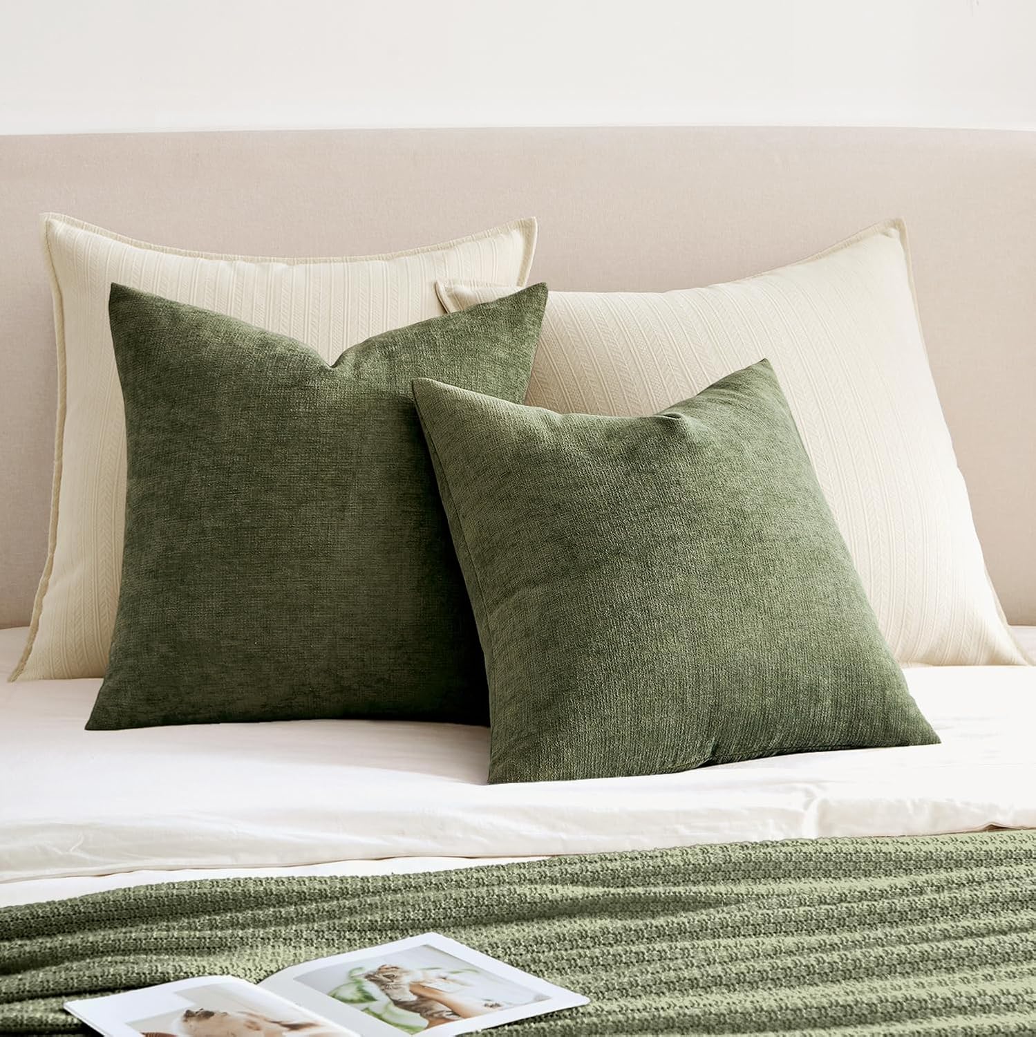 Olive Green Couch Pillow Covers 18x18 Inch, Set of 2 Soft Chenille Decorative Square Throw Pillow Covers Farmhouse for Sofa Living Room Bed