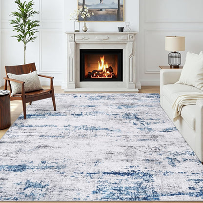 Area Rug Living Room Rugs: 5x7 Large Soft Indoor Carpet Modern Abstract Rug with Non Slip Rubber Backing for Under Dining Table Nursery Home Office Bedroom White Gray Blue