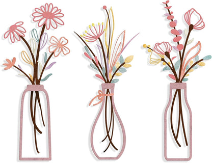3 Pieces Metal Flowers Wall Arts - Rustic Farmhouse Decor Black Minimalist Flower Wall Decors for Living room Bathroom Bedroom Dining Room - Housewarming Gifts(Black, Vase-C)