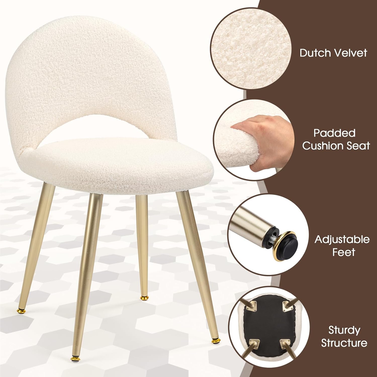 Vanity Chair with Adjustable Backrest, Boucle Upholstery Armless Makeup Stool, Cream White Sherpa Vanity Stool with Gold Metal Legs for Bedroom Living Room Kitchen Dinning Room (Gold and White)