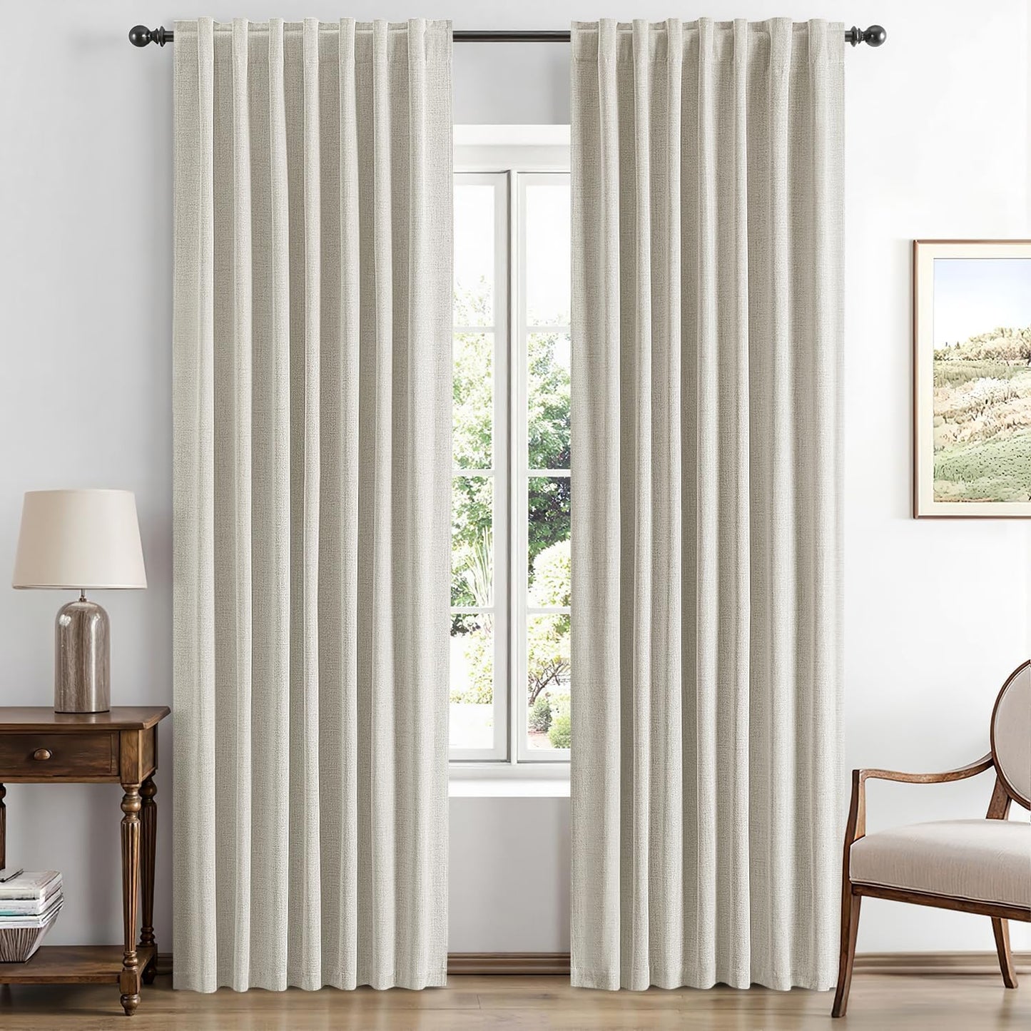 100% Blackout Linen Curtains for Bedroom, Ivory Solid Luxury Decor Thermal Insulation Room Darkening Drapes for Living Room Nursery Back Tab Rod Pocket 42 x 84 Inches, 2 Panels