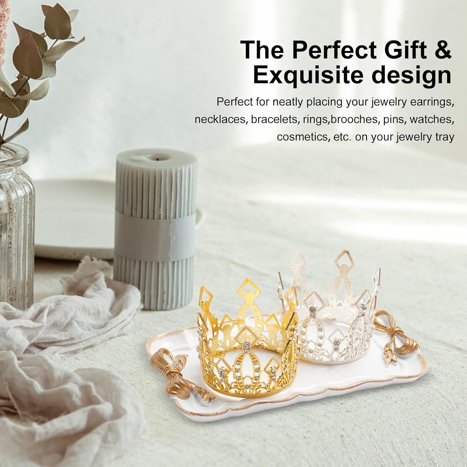 Jewelry Organizer, Decorative Tray for Jewelry, Towel, Storage, Rings, Bracelets, Earrings, Cosmetics, Retro Design, Bow Decor Resin Plate Coquette for Room Decor, White