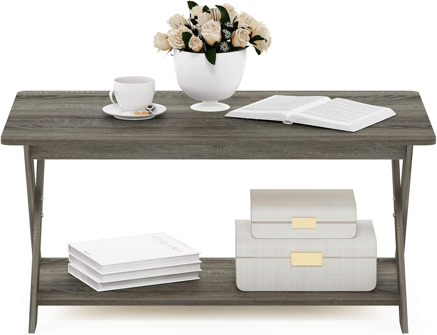 Furinno Modern Simplistic Criss-Crossed Coffee Table, 35.4 in x 19.6 in x 16 in, French Oak Grey