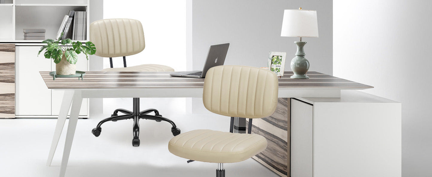 Small Office Desk Chair - Armless PU Leather with Comfy Lumbar Support, Height Adjustable Rolling Swivel Task for No Arms, for Adult, Student, Bedroom, Home, Vanity, Beige White