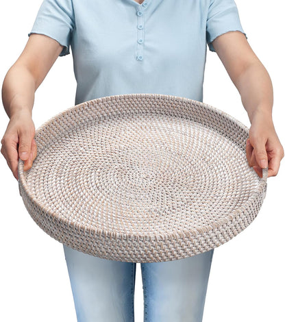 13.8 inch Round Rattan Tray, Decorative Coffee Table Tray, Ottoman Tray, Woven Serving Tray with Handles, Wicker Serving Basket, Whitewash