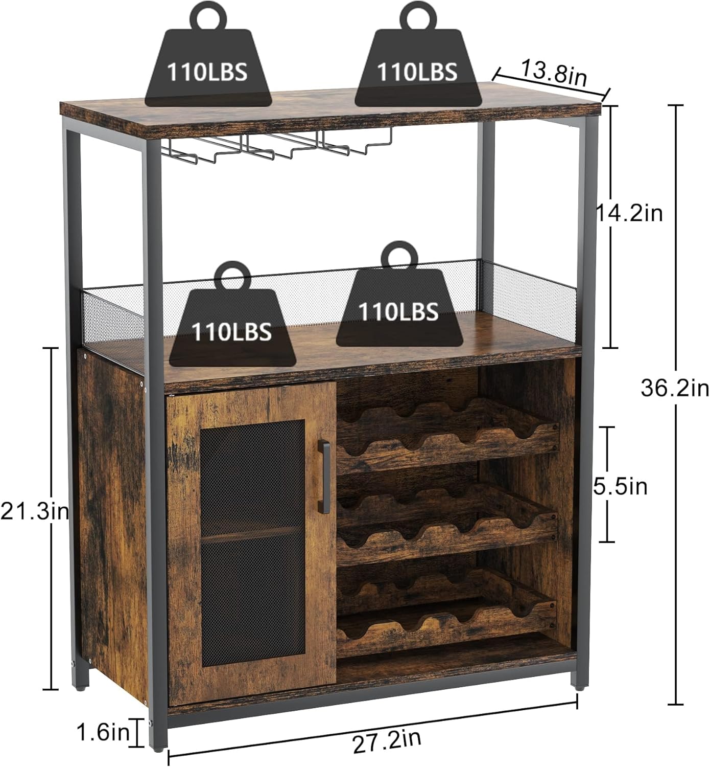 3-Tier Wine Bar Cabinet with Detachable Wine Rack and Storage Space, Buffet Cabinet with Glass Holder and Mesh Door, for Kitchen, Living Room and Bar .Rustic Brown.