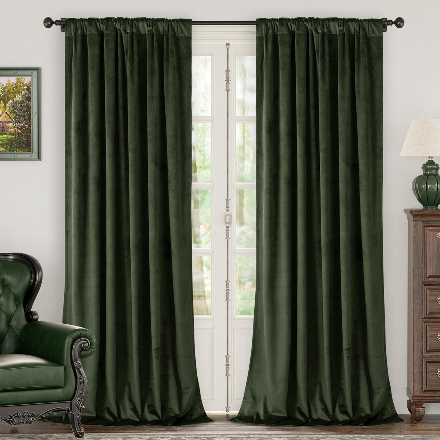 Green Velvet Curtains 84 Inch Length, Thermal Insulated Blackout Curtains Room Darkening Drapes with Back Tab and Rod Pocket for Living Room/French Door, Set of 2 Panels, 52 x 84 Inch