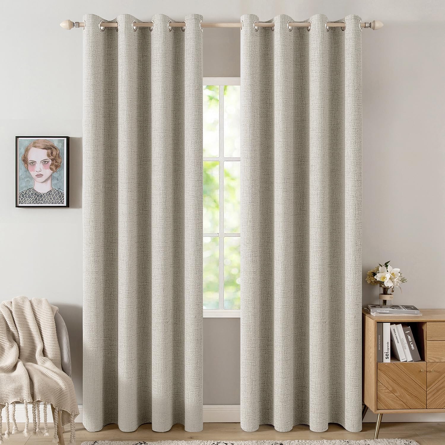 100% Blackout Linen Textured Curtains for Bedroom Solid Thermal Insulated Natural Beige Grommet Room Darkening Curtains & Drapes Luxury Decor for Living Room Nursery 52 x 84 Inch (2 Panels)