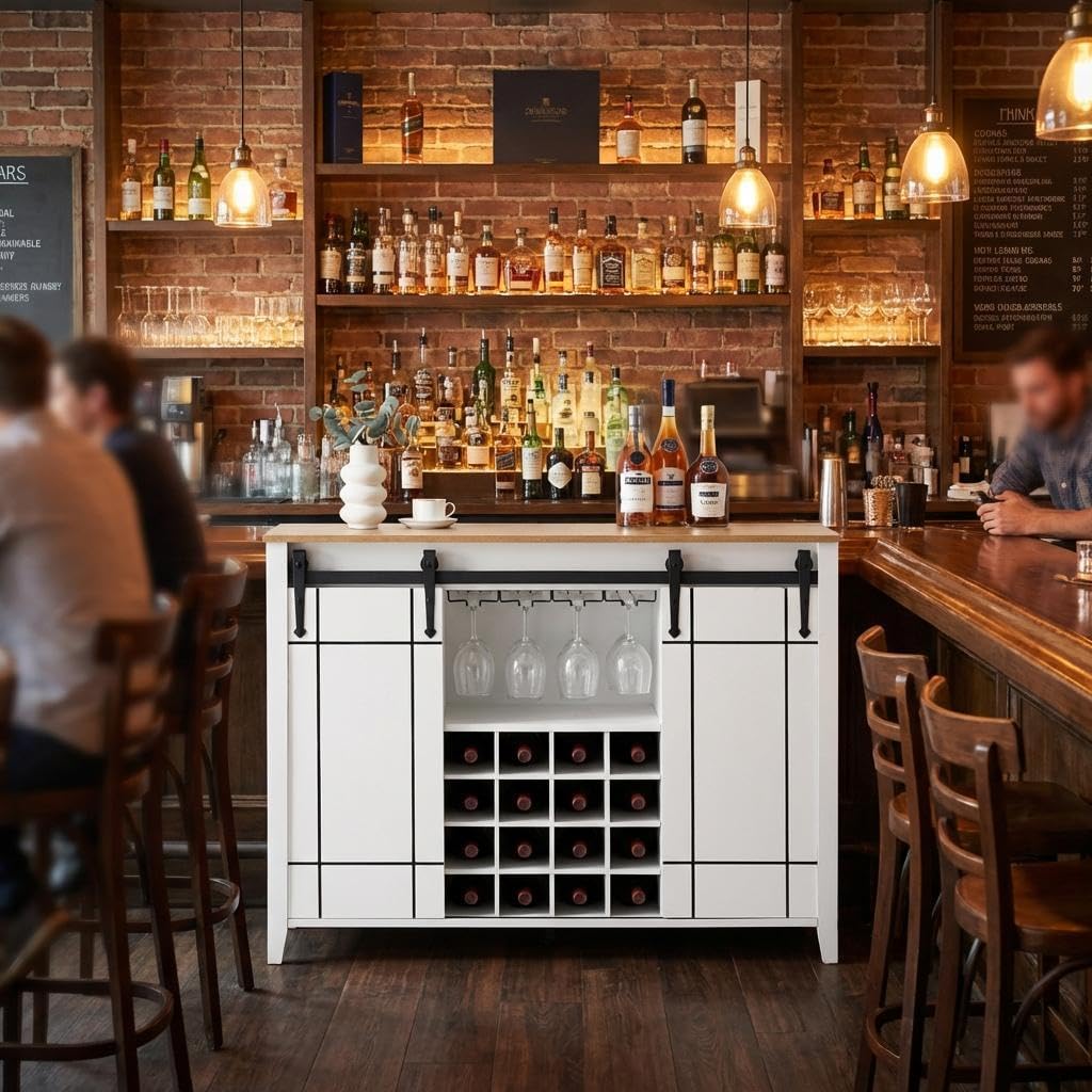 GAOMON Farmhouse Coffee Bar Cabinet 47", Buffet Cabinet with Sliding Barn Door, Coffee Bar with 4 Glass Hooks and 16 Wine Racks for Kitchen, Dining and Living Room, White