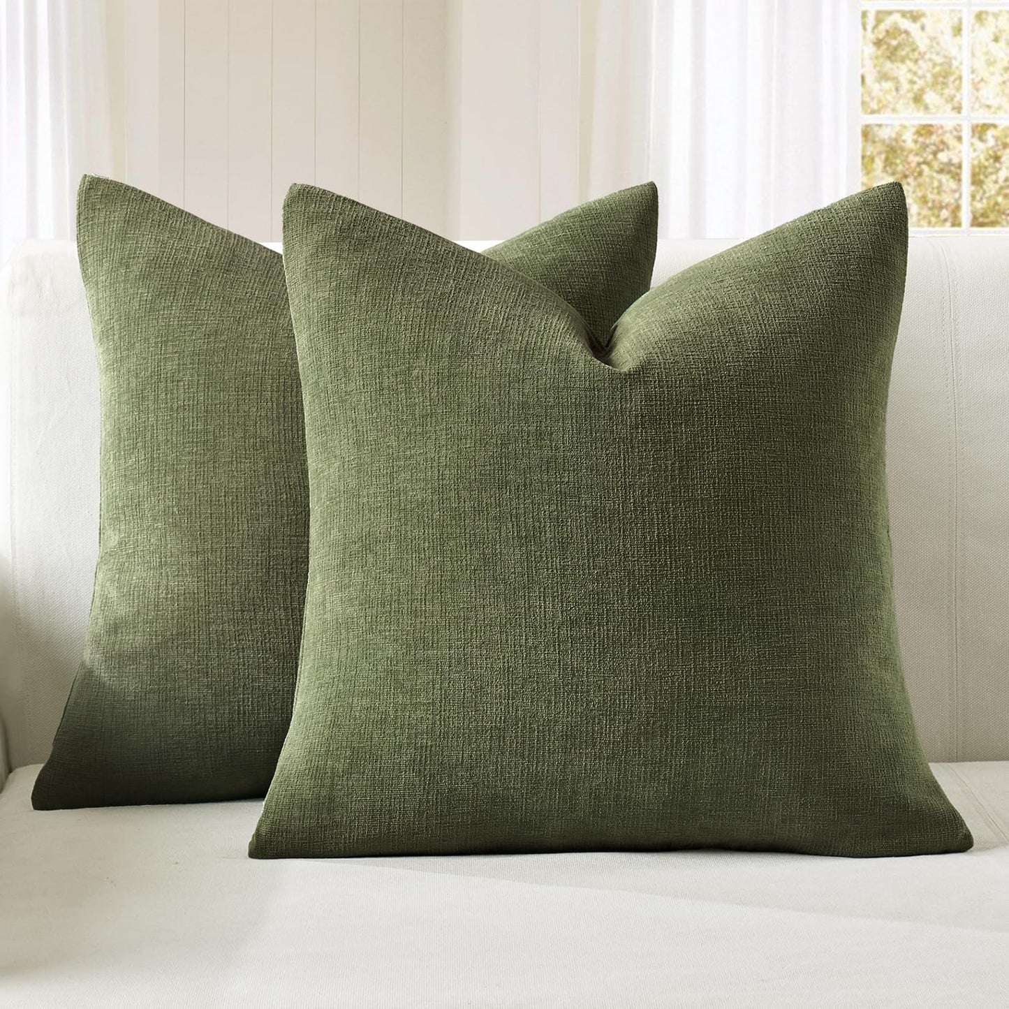 Olive Green Couch Pillow Covers 18x18 Inch, Set of 2 Soft Chenille Decorative Square Throw Pillow Covers Farmhouse for Sofa Living Room Bed